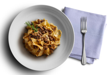 White bowl with pappardelle with wild boar ragout sauce