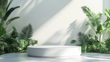 A refined white 3D podium set against a lush green forest, combining sleek minimalism with the serene beauty of nature.