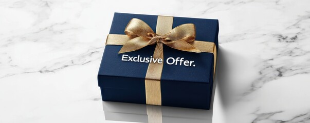 Elegant Black Friday mockup featuring a navy blue gift box with gold ribbon on a marble surface conveying an exclusive offer concept