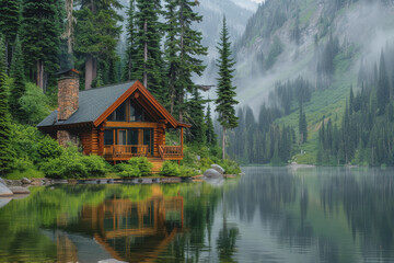 Lakeside cabins nestled among towering pines. The image is reflected in the calm waters.