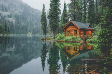 Obraz premium Lakeside cabins nestled among towering pines. The image is reflected in the calm waters.