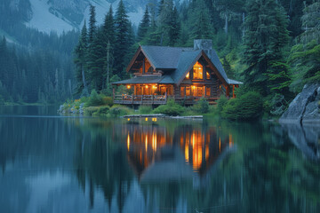 Fototapeta premium Lakeside cabins nestled among towering pines. The image is reflected in the calm waters.