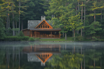 Obraz premium Lakeside cabins nestled among towering pines. The image is reflected in the calm waters.