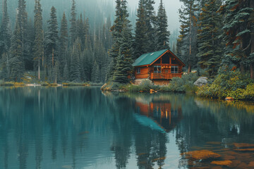 Fototapeta premium Lakeside cabins nestled among towering pines. The image is reflected in the calm waters.