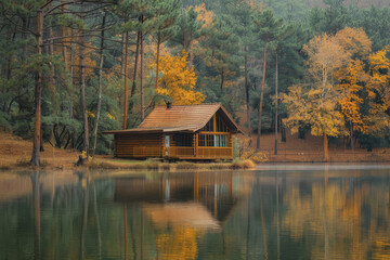 Fototapeta premium Lakeside cabins nestled among towering pines. The image is reflected in the calm waters.