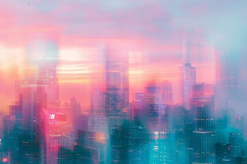 Naklejka premium A vibrant cityscape with skyscrapers rising against a pastel sunset sky, the buildings softened into a blur for a festive wallpaper