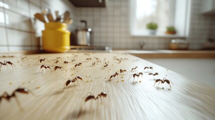 Ants crawling on a kitchen counter looking for food