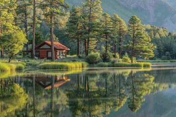 Fototapeta premium Lakeside cabins nestled among towering pines. The image is reflected in the calm waters.