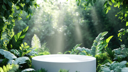 A sleek white 3D podium showcased in a lush green forest, combining abstract minimalism with the serene beauty of nature.