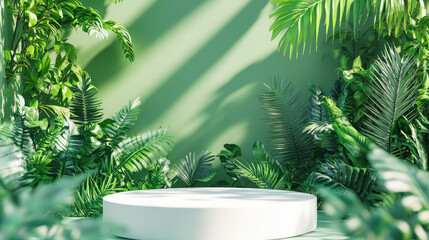 A minimalist white 3D podium set against a serene green forest, merging modern design with the tranquility of nature.