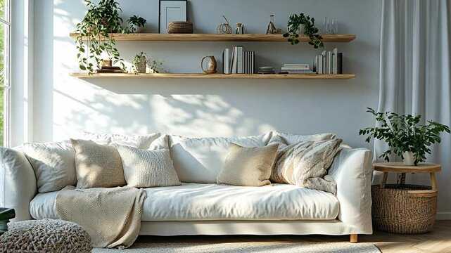 A transitional living room with a white sofa, mixed materials, and a blend of classic and modern elements, creating a timeless look.