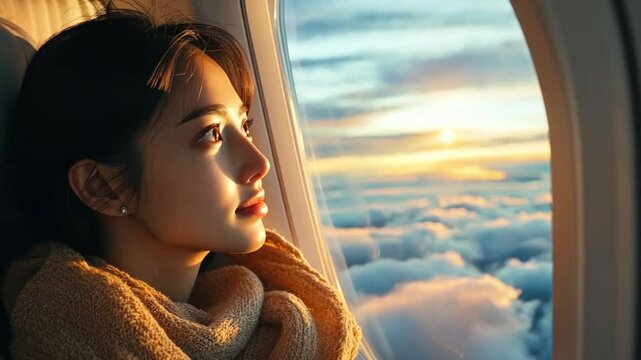 A young Asian woman seated in an airplane cabin, thoughtfully looking out the window as she embarks on a journey, symbolizing the joy and adventure of vacation travel.