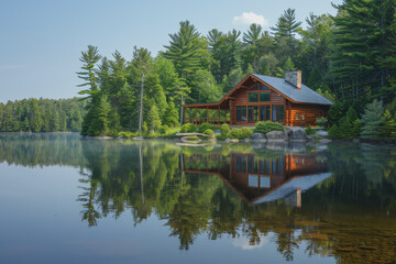 Fototapeta premium Lakeside cabins nestled among towering pines. The image is reflected in the calm waters.