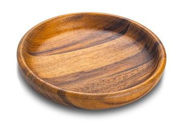 High angle view of empty wooden dish isolated on white background with clipping path.