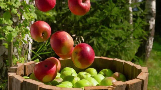 Ripe delicious green apples are falling into the wooden barell outdoors . High quality 4k footage