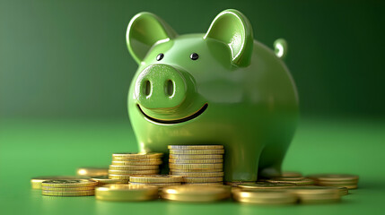 A cheerful green piggy bank surrounded by coins, symbolizing savings.