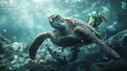 Fototapeta premium Powerful image of a sea turtle ensnared by plastic waste, struggling in murky waters, detailed pollution, environmental impact, marine life in peril, somber tones