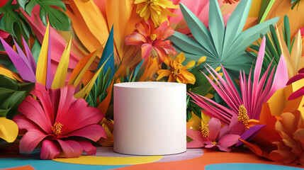 A refined white pedestal complemented by an intricate 3D origami backdrop of tropical flowers in deep.