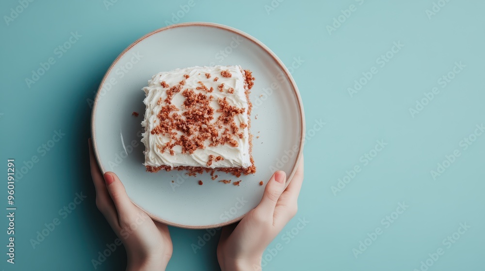 Poster a delectable square slice of cake with white frosting is centered on a plate against a blue backgrou