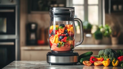This blender is filled with colorful fruits and vegetables. The background features a modern kitchen with stainless steel appliances.