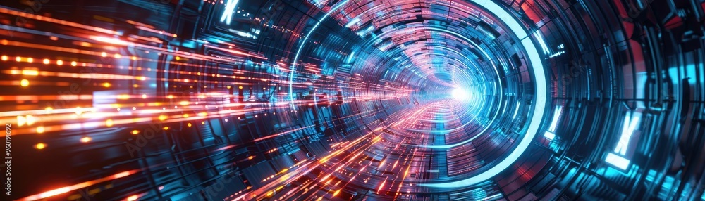 Poster a dynamic digital tunnel with vibrant lights and motion effects, symbolizing technology and high-spe