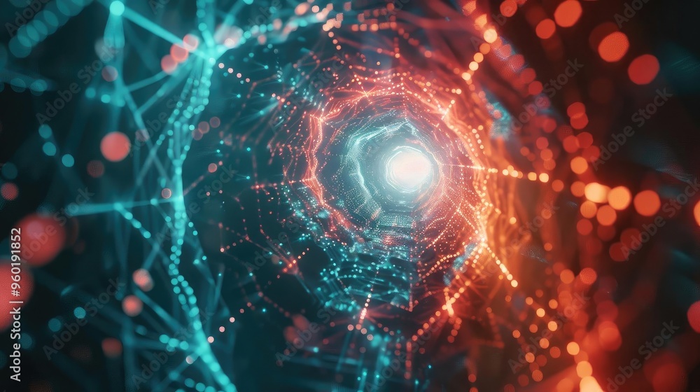 Poster futuristic digital tunnel with glowing lines and particles in blue and red, symbolizing technology a