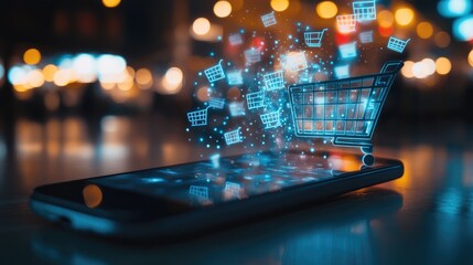 A mobile device with digital shopping cart icons appearing to burst from the screen, symbolizing e-commerce growth.