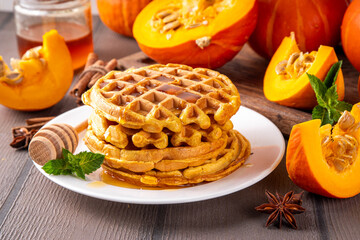 Autumn breakfast dessert, pumpkin waffle