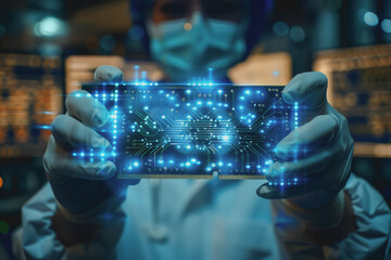 Fototapeta premium The scientist in gloves holds a high-tech blue circuit board.