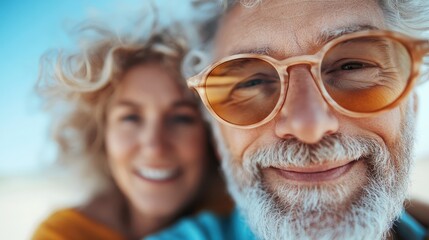 A cheerful older couple, with wind-swept hair and sunglasses, enjoy a sunny beach day together, capturing a fun moment of joy and companionship on the sand.