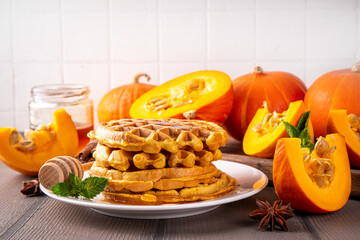 Autumn breakfast dessert, pumpkin waffle