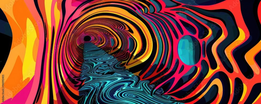 Poster vivid abstract tunnel with swirling colors leading into a futuristic space, creating a vibrant and i