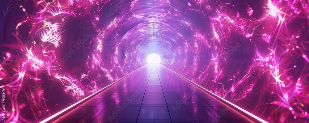 Poster a vibrant tunnel of light and energy, creating a surreal atmosphere filled with bright colors and dy