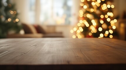 Christmas Table Surface with Out-of-Focus Lights Background