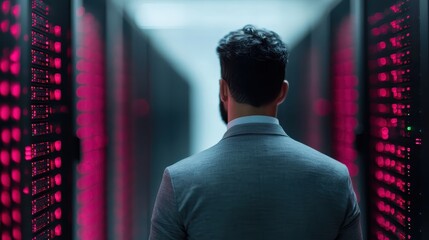 A businessperson is seen walking between rows of brightly illuminated data servers, representing the fusion of business and high technology in a dynamic, innovative environment.