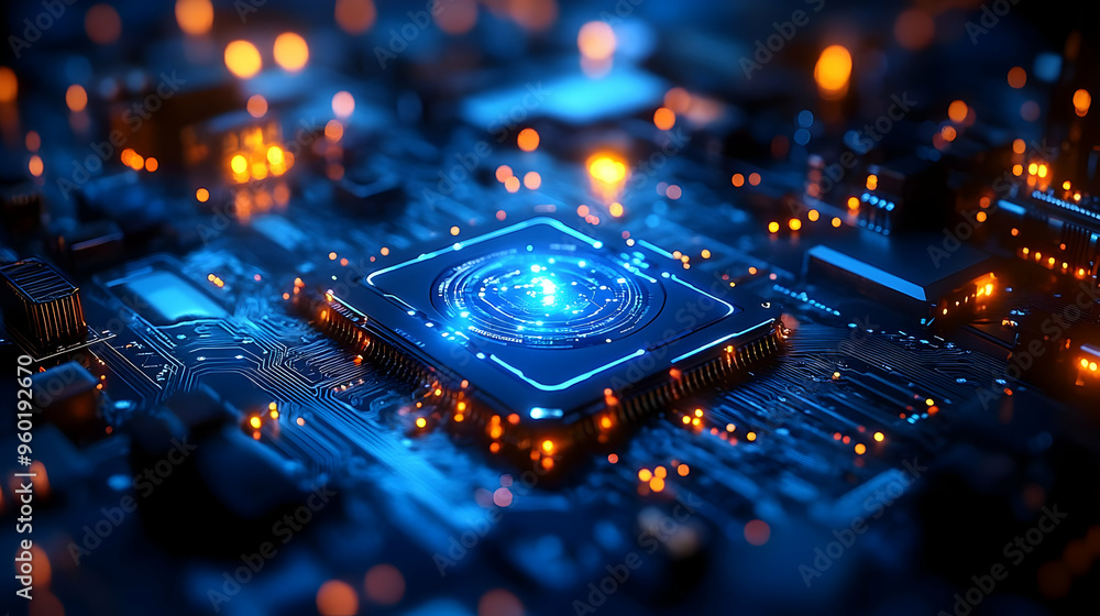 Poster a close-up of a futuristic circuit board with glowing elements.