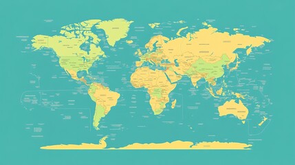 A modern, flat world map illustration with clean lines and a simple design, ideal for educational purposes.