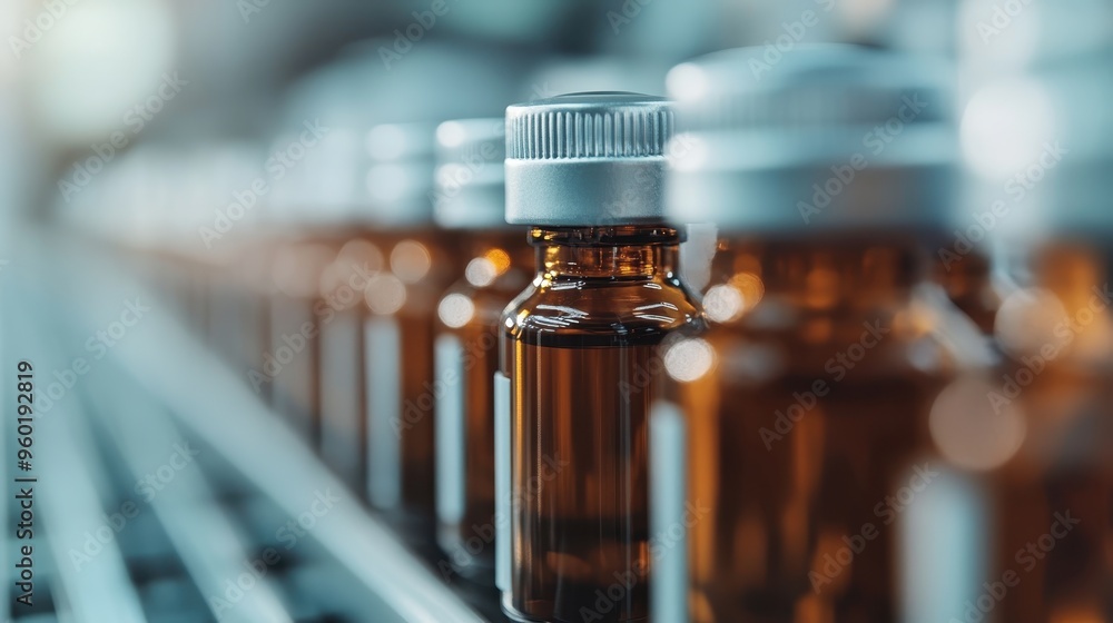 Poster a close-up shot displays a neatly aligned row of amber-colored glass bottles with silver caps on a c