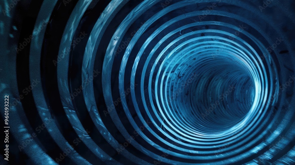 Poster a close-up view of a circular tunnel with a mesmerizing blue hue, showcasing smooth, swirling patter