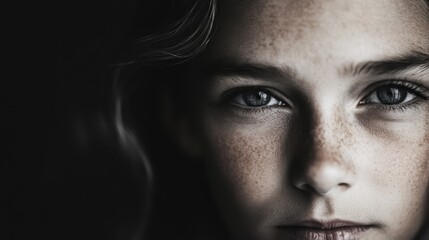 Fototapeta premium Close-up photograph of a child featuring prominent freckles and an intense, focused gaze capturing the essence of youth and introspection.