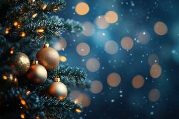 Fototapeta premium A Close-Up of Golden Christmas Ornaments Hanging from a Christmas Tree Branch with Lights and Snow Falling in the Background