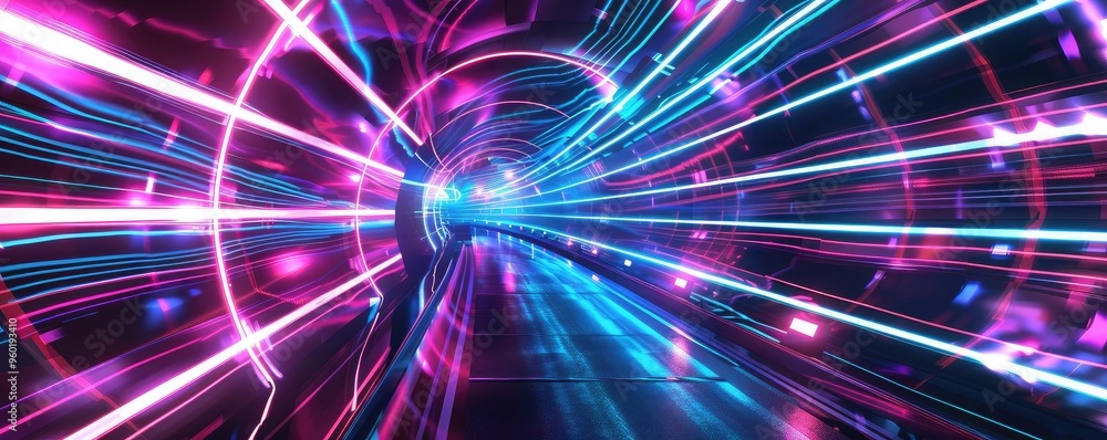 Poster vibrant neon tunnel with glowing lights, creating a dynamic and futuristic atmosphere. perfect for t