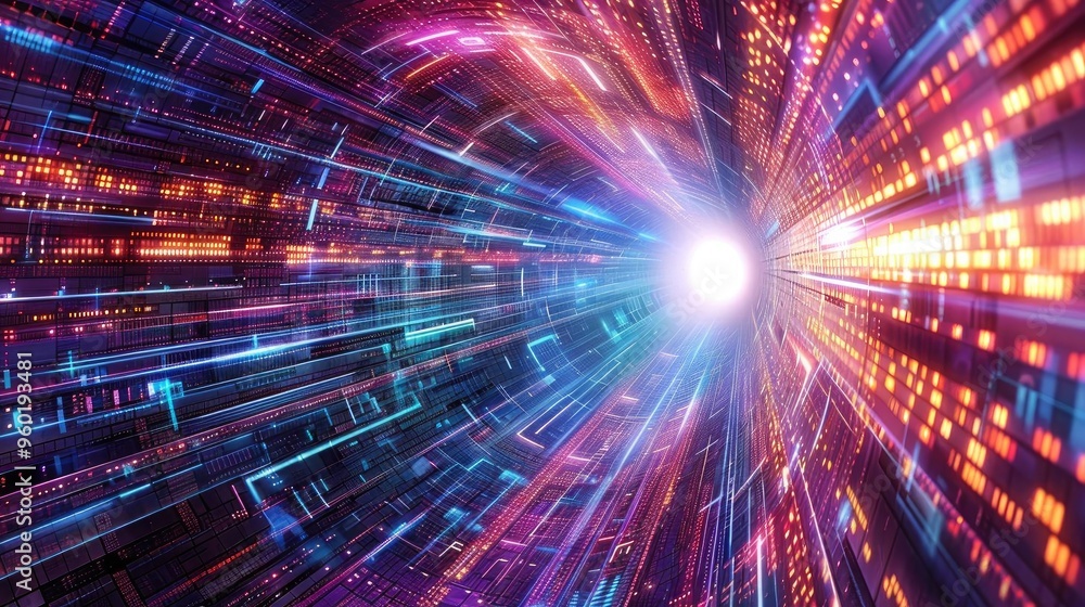 Aufkleber a vibrant burst of light and color, depicting a digital tunnel effect with glowing lines and particl