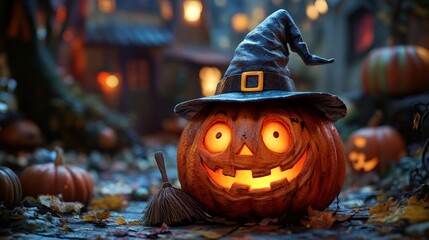 Whimsical Halloween Pumpkin Character Dressed as an Evil Witch