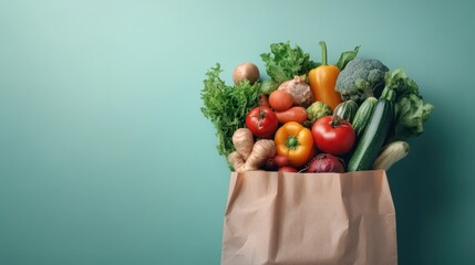 A paper bag filled with an assortment of fresh, vibrant vegetables including lettuce, bell peppers, tomatoes, and broccoli against a green background, emphasizing healthy eating.