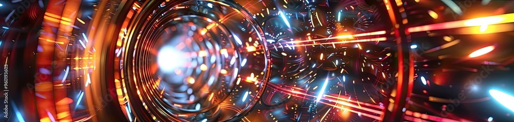 Poster an abstract digital tunnel filled with vibrant lights and energy, creating a sense of speed and moti