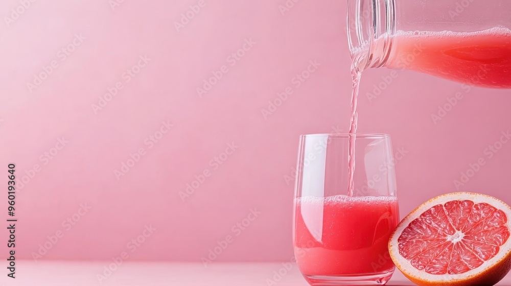 Poster an image showing the act of pouring vibrantly fresh pink grapefruit juice from a container into a cl