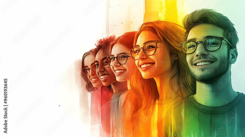 Wall mural A colorful illustration of diverse individuals smiling together.