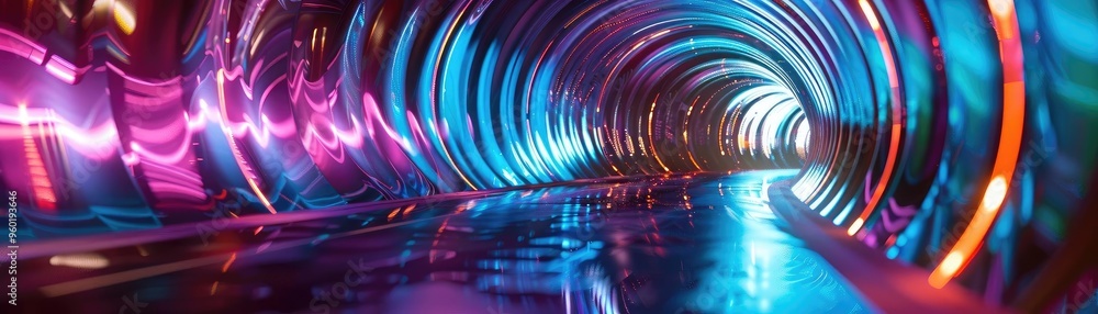 Aufkleber a vibrant, illuminated tunnel displaying colors and reflections, creating a futuristic and surreal a