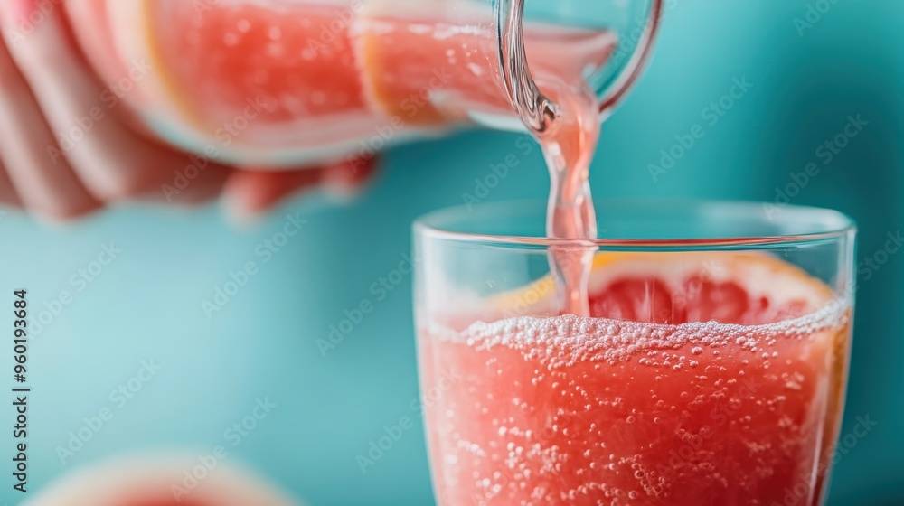 Poster The image captures the moment when fresh pink grapefruit juice is being poured from a container into a glass in a simplistic background, reflecting vitality and freshness.